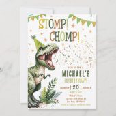 Boys Green Stomp Chomp Roar Dinosaur 1st Birthday 招待状 (正面)