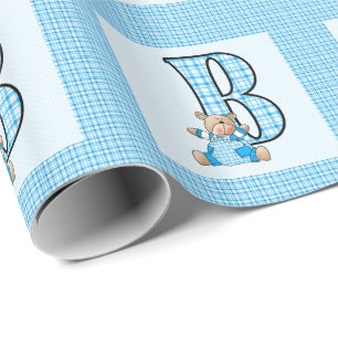 Boys Letter 'B' with Teddy Bear and Blue Gingham ラッピングペーパー