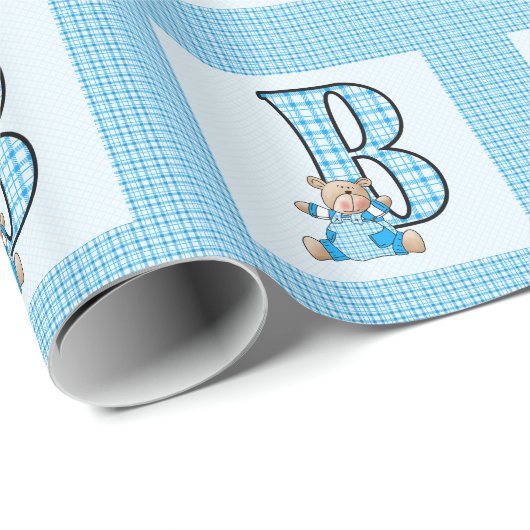 Boys Letter 'B' with Teddy Bear and Blue Gingham ラッピングペーパー (ロールコーナー)