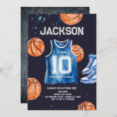 Boys Modern Blue Basket play Kids Birthday 招待状 (正面/裏面)