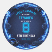 Boys Modern Cool Blue Gaming 8th Birthday Party ラウンドシール (正面)