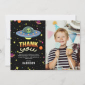 Boys Neon Space UFO Birthday Photo Thank You サンキューカード (正面)