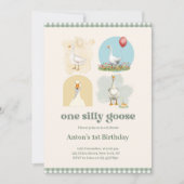 Boys One Silly Goose Blue First Birthday Gingham 招待状 (正面)