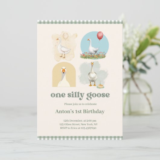 Boys One Silly Goose Blue First Birthday Gingham 招待状 (スタンド正面)