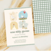 Boys One Silly Goose Blue First Birthday Gingham 招待状