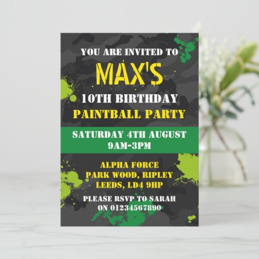 Boys Paintballをテーマにした誕生日パーティーの招待状 招待状 (スタンド正面)