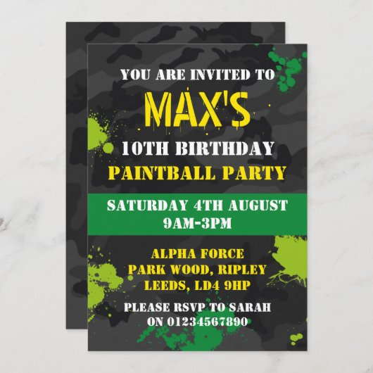 Boys Paintballをテーマにした誕生日パーティーの招待状 招待状 (正面/裏面)