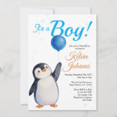 Boy's Penguin Blue Baloon Watercolor Baby Shower  招待状 (正面)