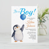 Boy's Penguin Blue Baloon Watercolor Baby Shower  招待状 (スタンド正面)