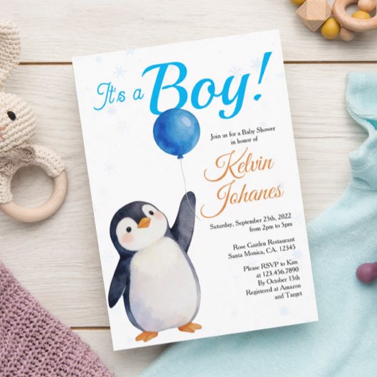 Boy's Penguin Blue Baloon Watercolor Baby Shower  招待状