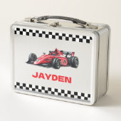 Boys Personalised Name Red Racing Car Lunch Box メタルランチボックス (正面)