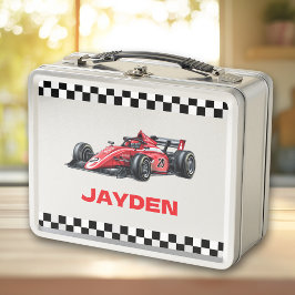 Boys Personalised Name Red Racing Car Lunch Box メタルランチボックス