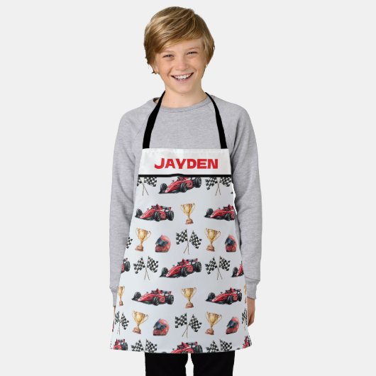 Boys Personalised Racing Car Kids Apron エプロン (着用した状態)