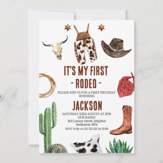 Boys Photo My First Rodeo Cowboyの誕生日 招待状 (正面)