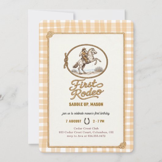 Boys Plaid Gingham Cowboy First Rodeo 1st Birthday 招待状 (正面)