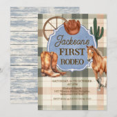 Boys Plaid Green Brown First Rodeo 1st Birthday 招待状 (正面/裏面)