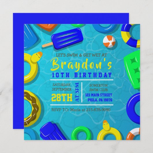BOYS POOL SWIM FLOATS Birthday Party Invitation 招待状 (正面/裏面)
