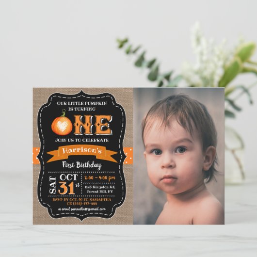 Boy's Pumpkin 1st Birthday Photo 招待状 (スタンド正面)