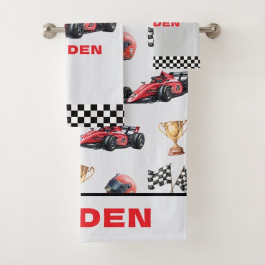 Boys Red Racing Car Pattern Personalised  バスタオルセット (インサイチュ)