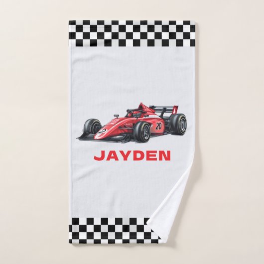 Boys Red Racing Car Pattern Personalised バスタオルセット (ハンドタオル)