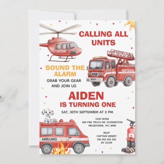 Boys Red Rescue Calling All Units Birthday 招待状 (正面)