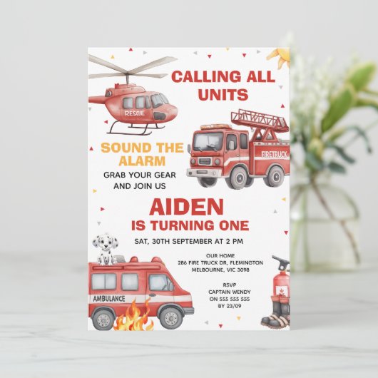 Boys Red Rescue Calling All Units Birthday 招待状 (スタンド正面)