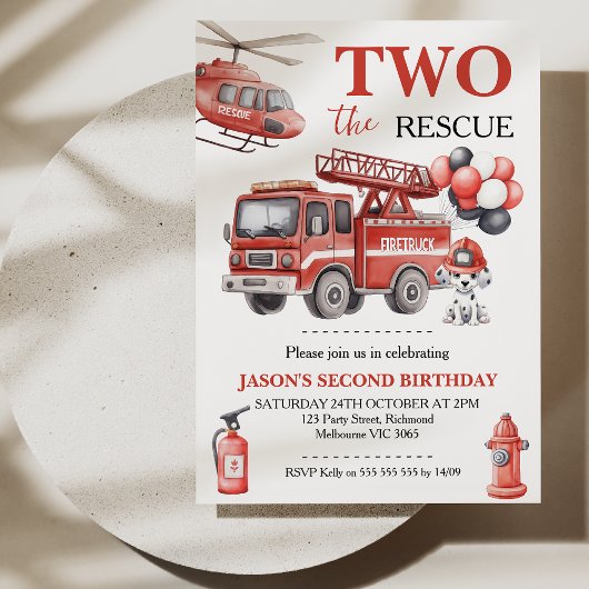 Boys Red Two The Rescue Fire Truck Birthday 招待状