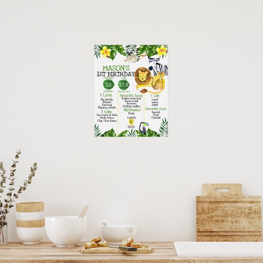 Boys Safariファースト誕生日マイルストーンポスター ポスター (キッチン)