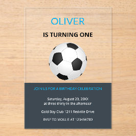 Boys Simple Blue Soccer Kids First Birthday アクリル招待状