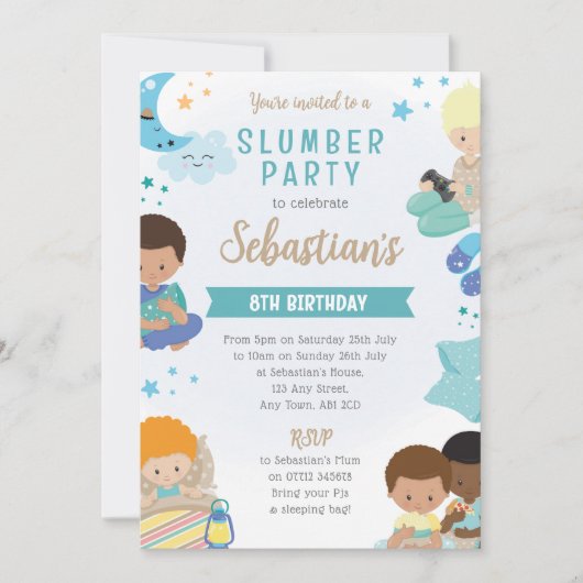 Boys Sleepover Invitation – PJs, Pillows & Gaming 招待状 (正面)