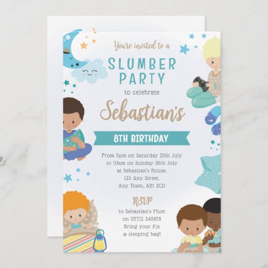 Boys Sleepover Invitation – PJs, Pillows & Gaming 招待状 (正面/裏面)