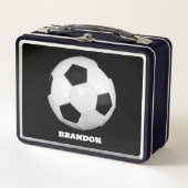 Boys Soccer Ball Black Stylish Custom Name Kids メタルランチボックス (正面)