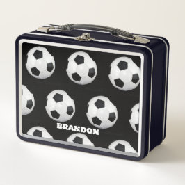 Boys Soccer Ball Black Stylish Custom Name Kids メタルランチボックス