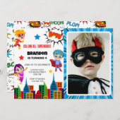 Boys Superhero写真の誕生日パーティーへの招待 招待状 (正面/裏面)