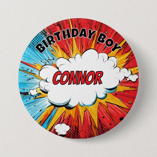 Boys Superhero Birthday Boy Personalised Badge 缶バッジ (正面)