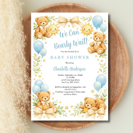 Boys Teddy Bear We Can Bearly Wait Baby Shower 招待状