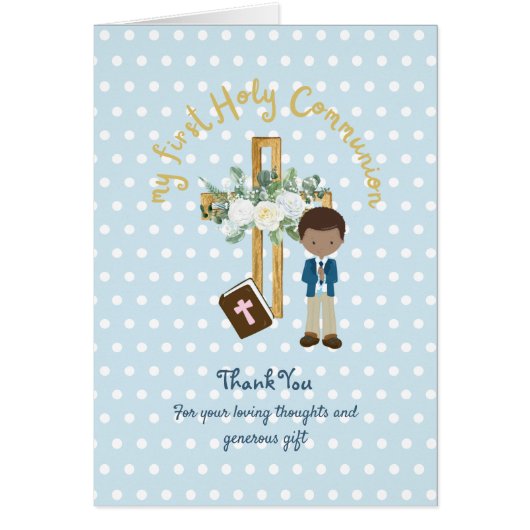 BOY'S Thank You Holy Communion Card - Brown Hair (正面)
