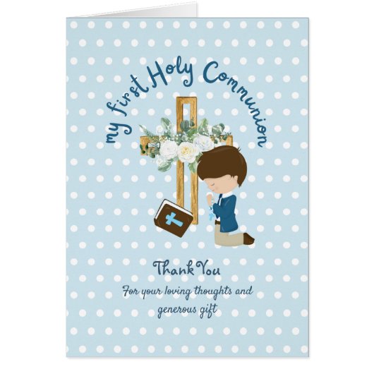 BOY'S Thank You Holy Communion Card - Brown Hair (正面)