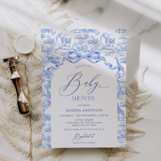 Boys Toile De Jouy Blue Baby Shower Invitation 招待状