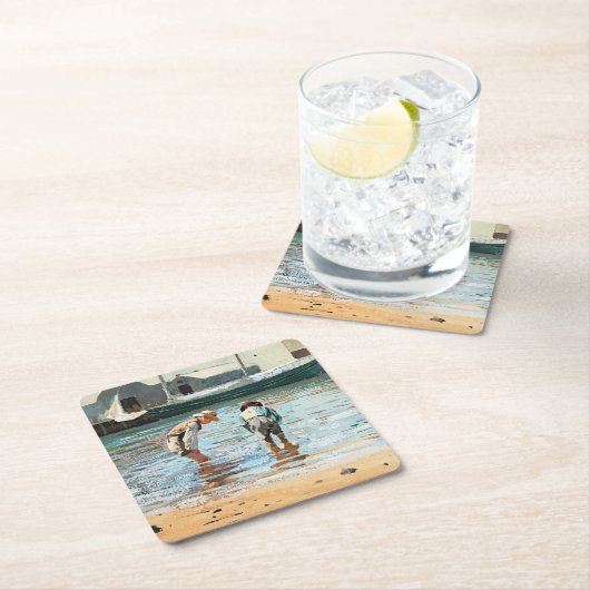 Boys Wading, Winslow Homerの有名なアートワーク スクエアペーパーコースター (インサイチュ)