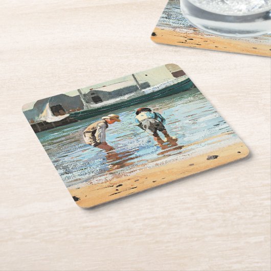 Boys Wading, Winslow Homerの有名なアートワーク スクエアペーパーコースター (アングル)