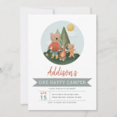 Boys WoodlandOne Happy Camper Bear 1st Birthday 招待状 (正面)