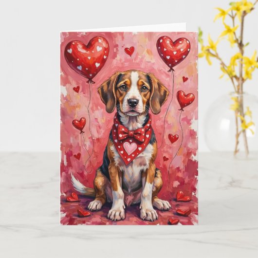Bracco Italiano Valentine Dog Sitting with Hearts  カード (黄色い花)