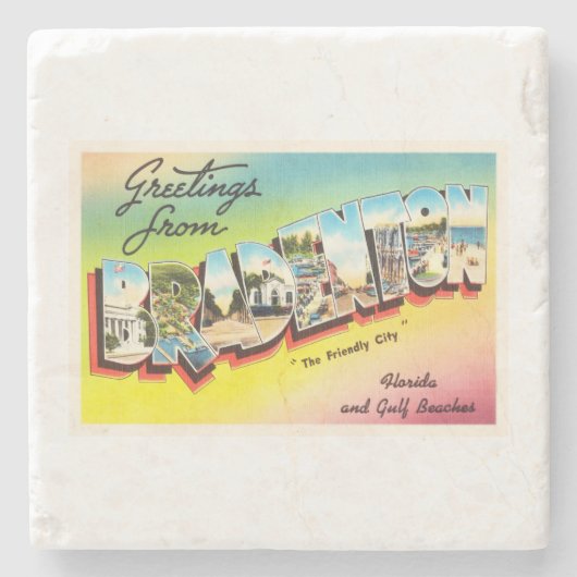 BradentonフロリダFLの古いヴィンテージ旅行記念品 ストーンコースター (正面)