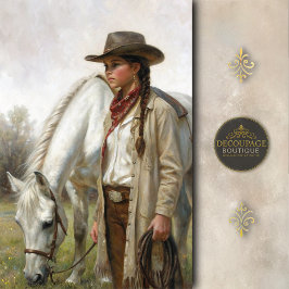 Braided Cowgirl With White Horse Decoupage 薄葉紙