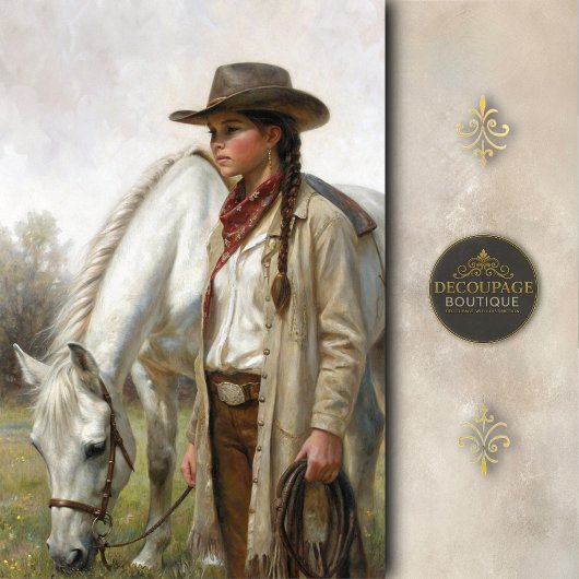 Braided Cowgirl With White Horse Decoupage 薄葉紙