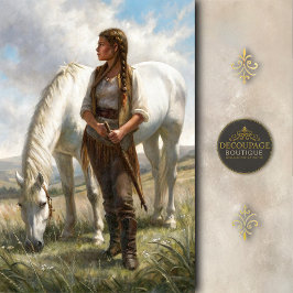 Braided Girl With White Horse Meadow Decoupage 薄葉紙