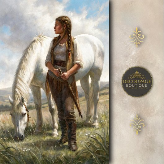 Braided Girl With White Horse Meadow Decoupage 薄葉紙