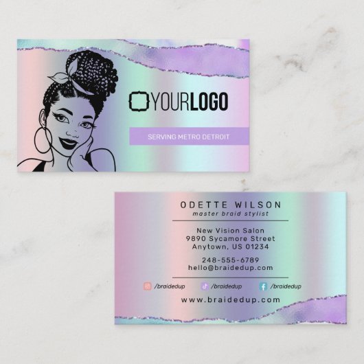 Braiding Stylist Pastel Purple Metallic Yorロゴ  名刺 (正面/裏面)