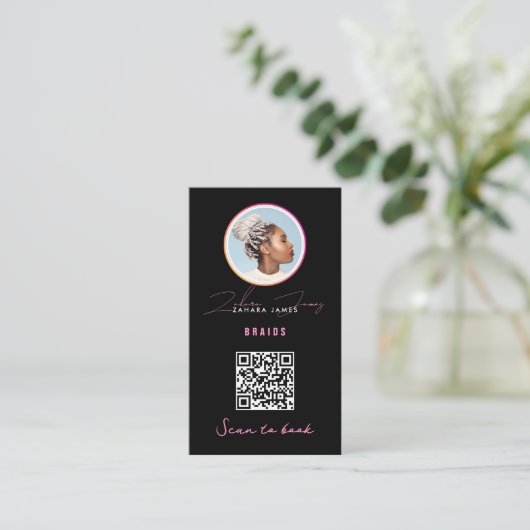 Braids Hair Discount Loyalty QR Code Black Pink 名刺 (スタンド正面)
